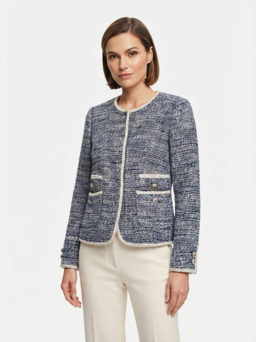 Rebecca Taylor Collarless Blazer Raw Edge Tweed Blue Cream 8